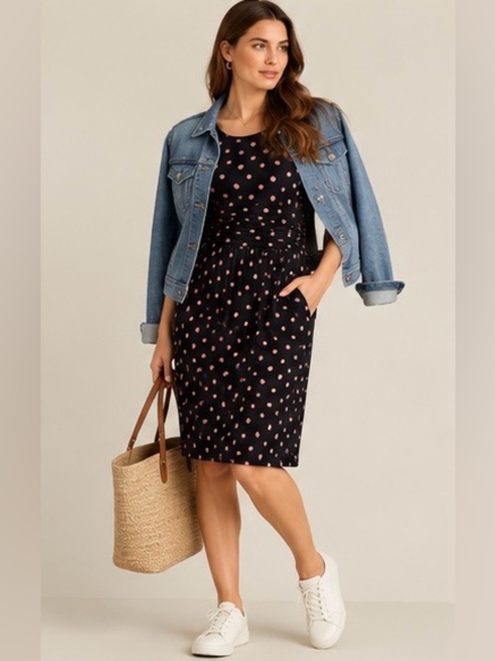 Boden Amelie Jersey Dress US 6R Black Pink Polka Dot Ruched Waist